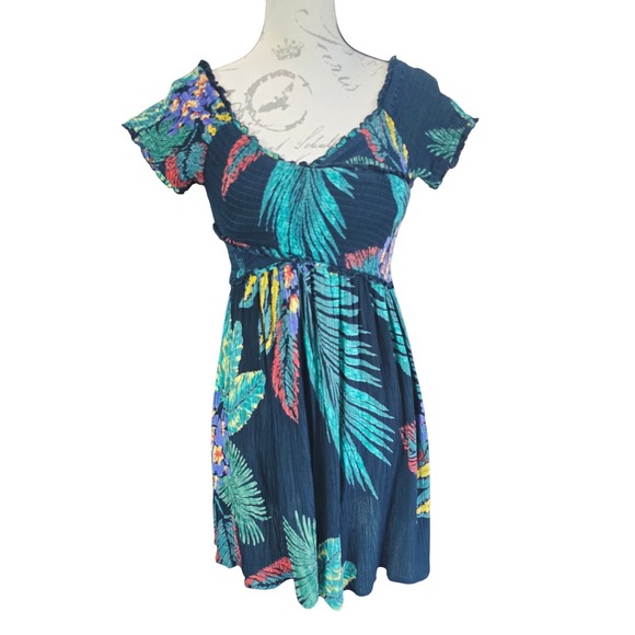 Patrons Of Peace Dress Mini Short Sleeve Green Tropical Floral Smocked Small - Picture 1 of 9